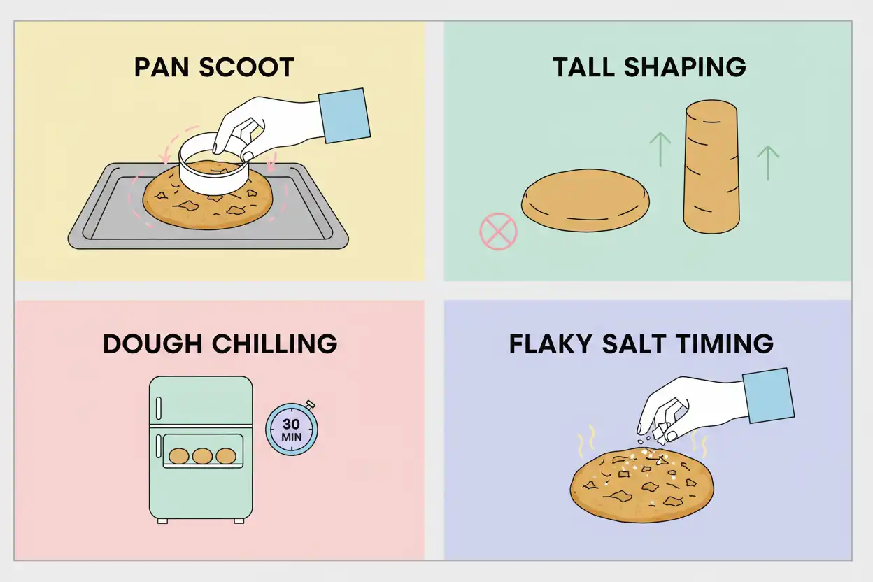 Visual summary of 4 pro-baker techniques pan-scooting, tall cylinder shaping, dough chilling, and flaky salt timing