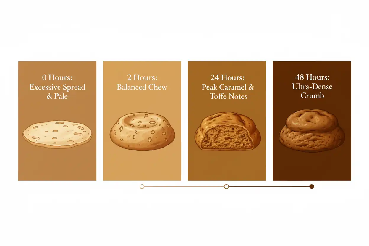Visual timeline depicting dough chilling times from 0 hours to 48 hours and the impact on cookie flavor and spread