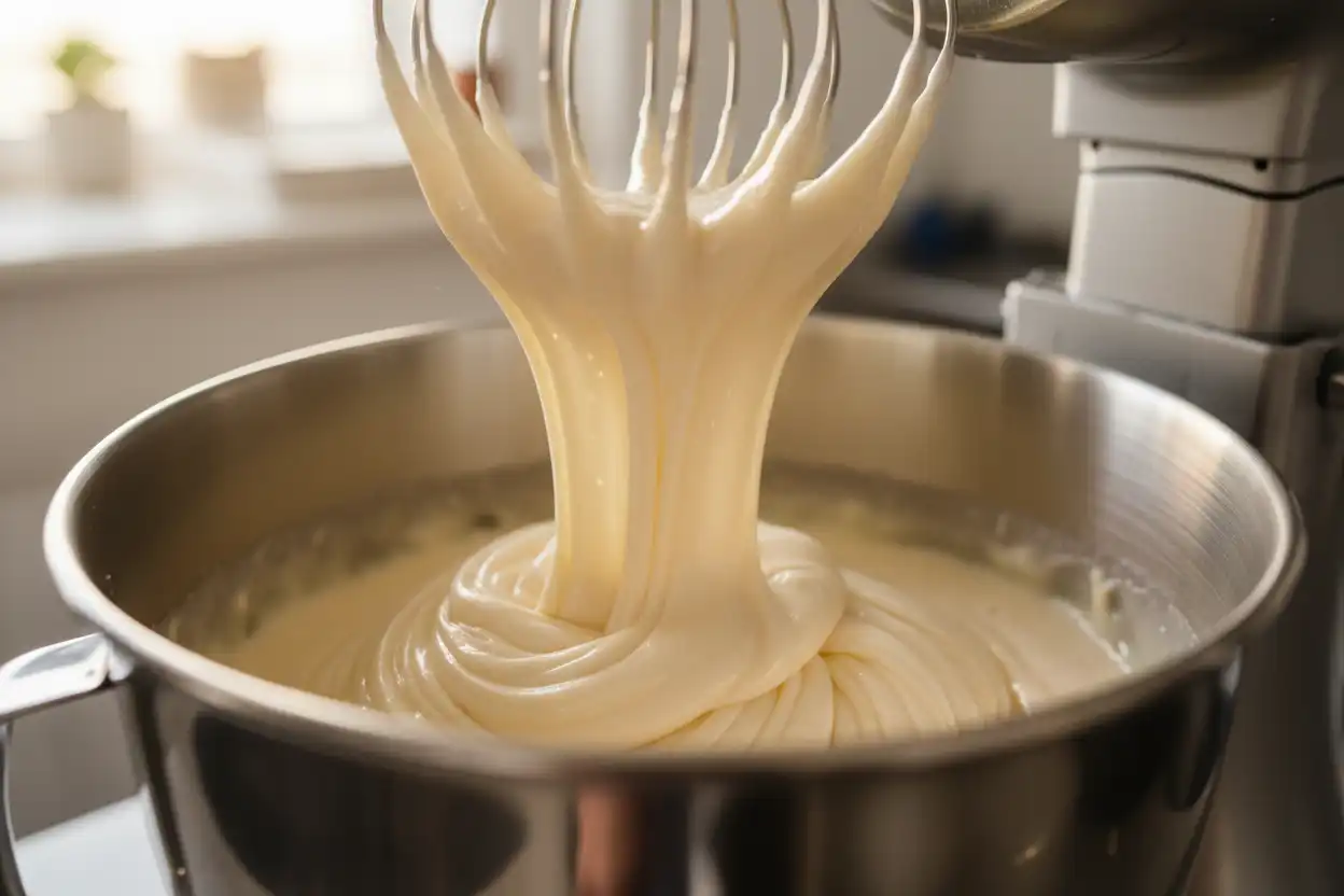Whipping eggs and powdered sugar into a thick, pale ribbon stage on a stand mixer