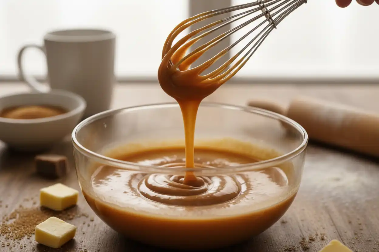 Whisking melted butter, brown sugar, and granulated sugar into a thick ribbon paste
