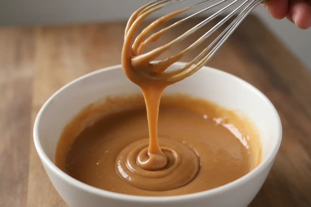 Whisking melted butter, brown sugar, and white sugar in a small bowl until thick and ribbon-like