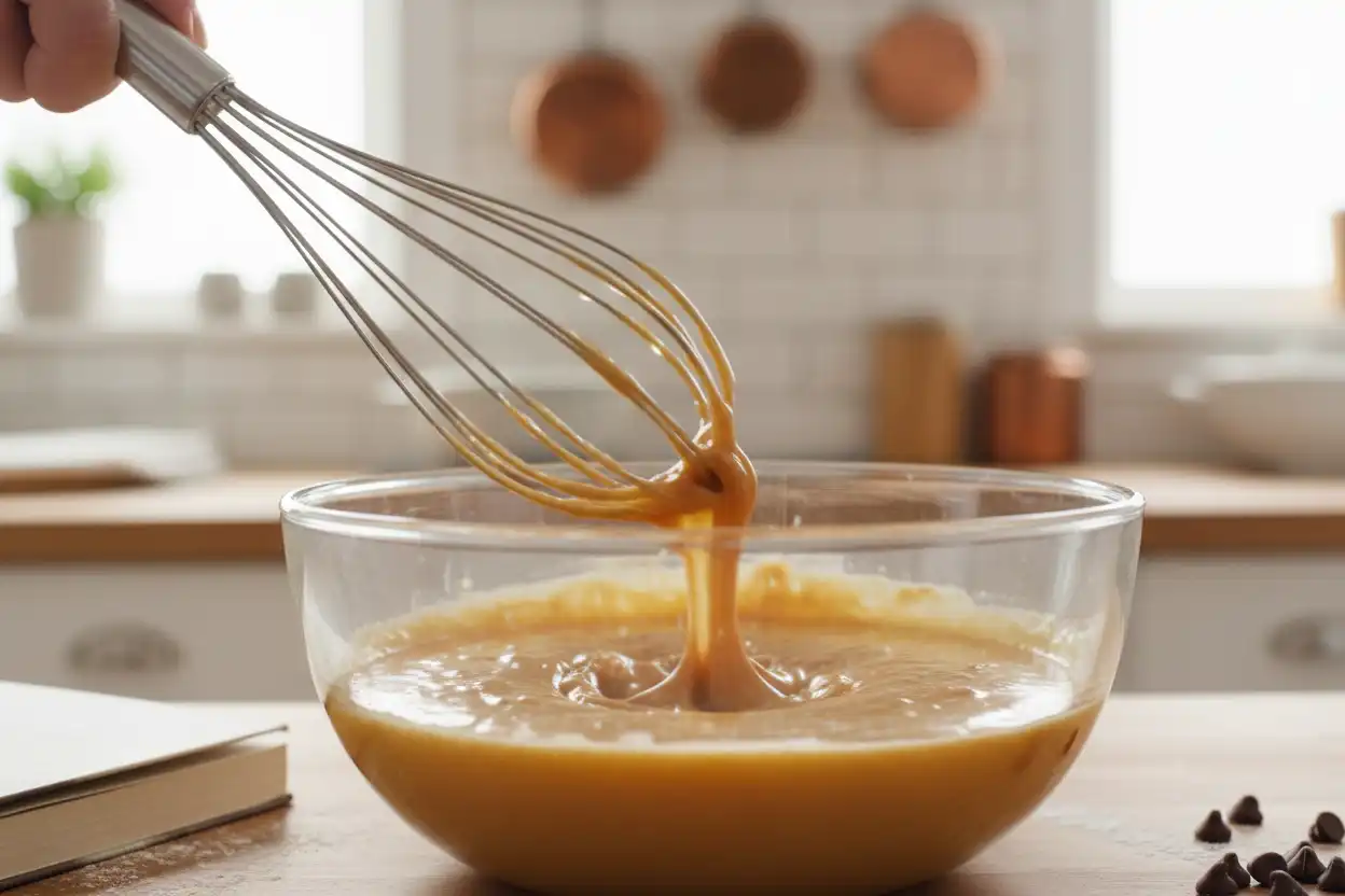 Whisking melted butter, brown sugar, white sugar, egg, and vanilla extract together in a glass bowl until smooth and glossy
