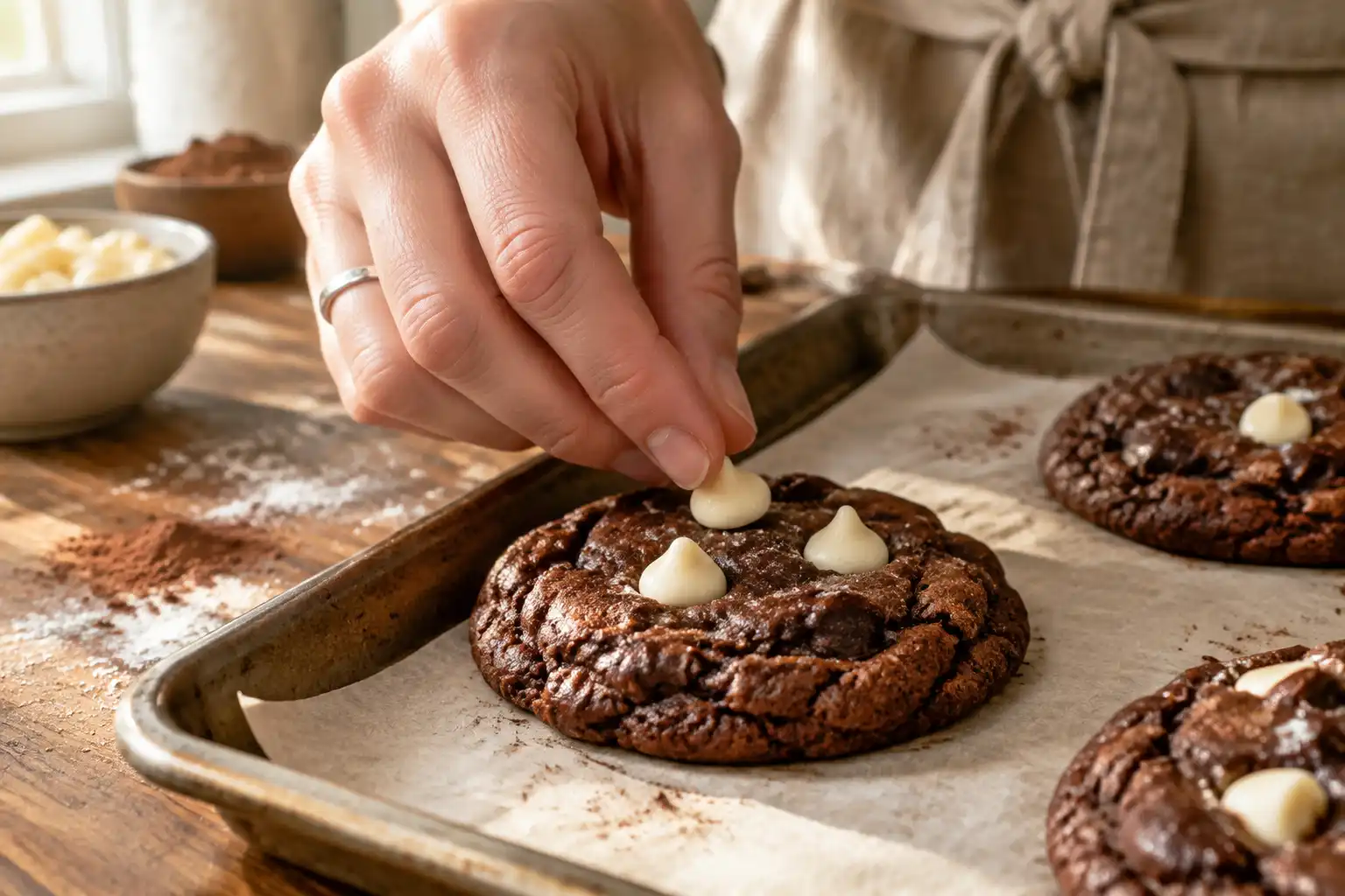 Adding White Chocolate Chips to Freshly Baked Chocolate Cookies
