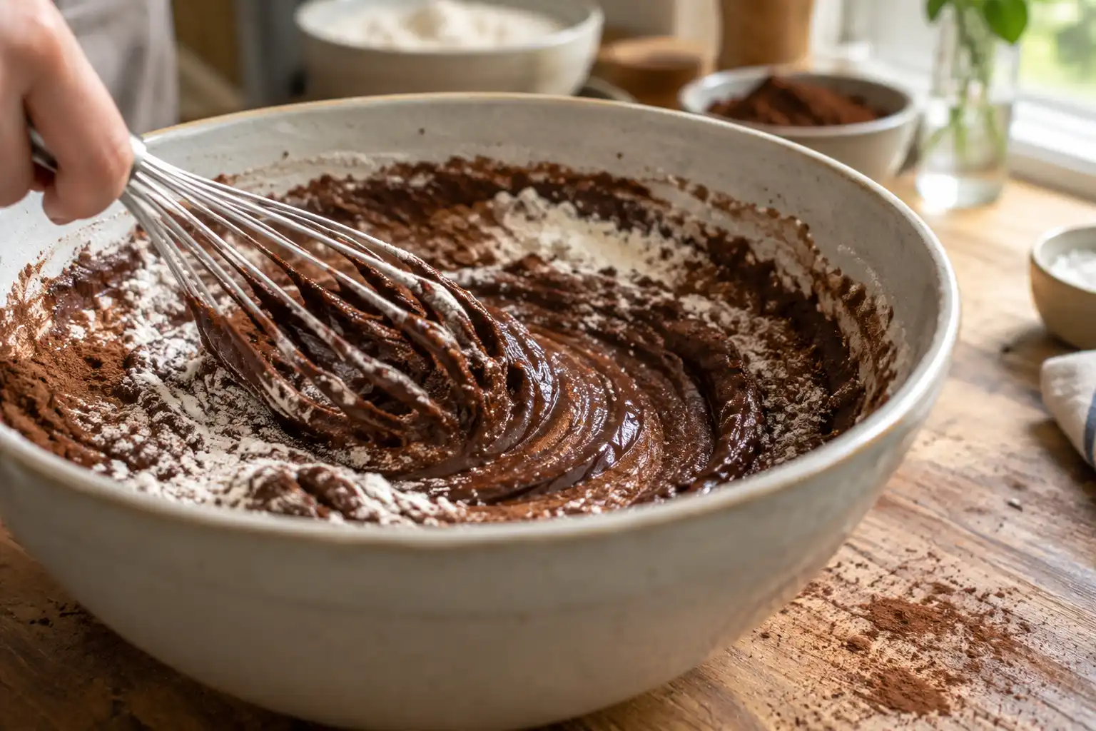 Mixing Cocoa Powder and Flour for Chocolate Cookie Dough
