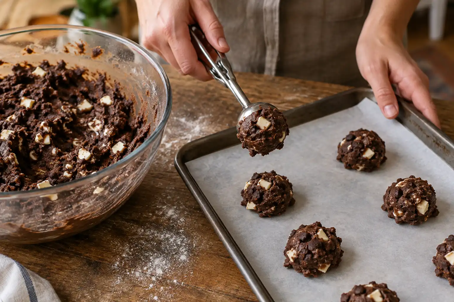 Portioning Chocolate Cookie Dough Using a Cookie Scoop